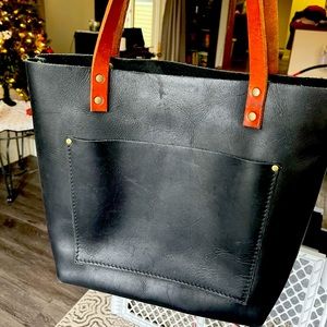 Portland leather black with tan handles medium tote